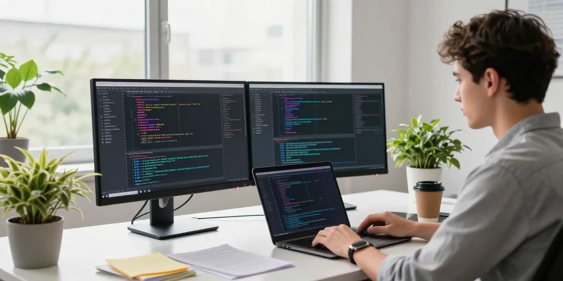 Download Telegram while coding in a bright office with dual monitors and coffee.