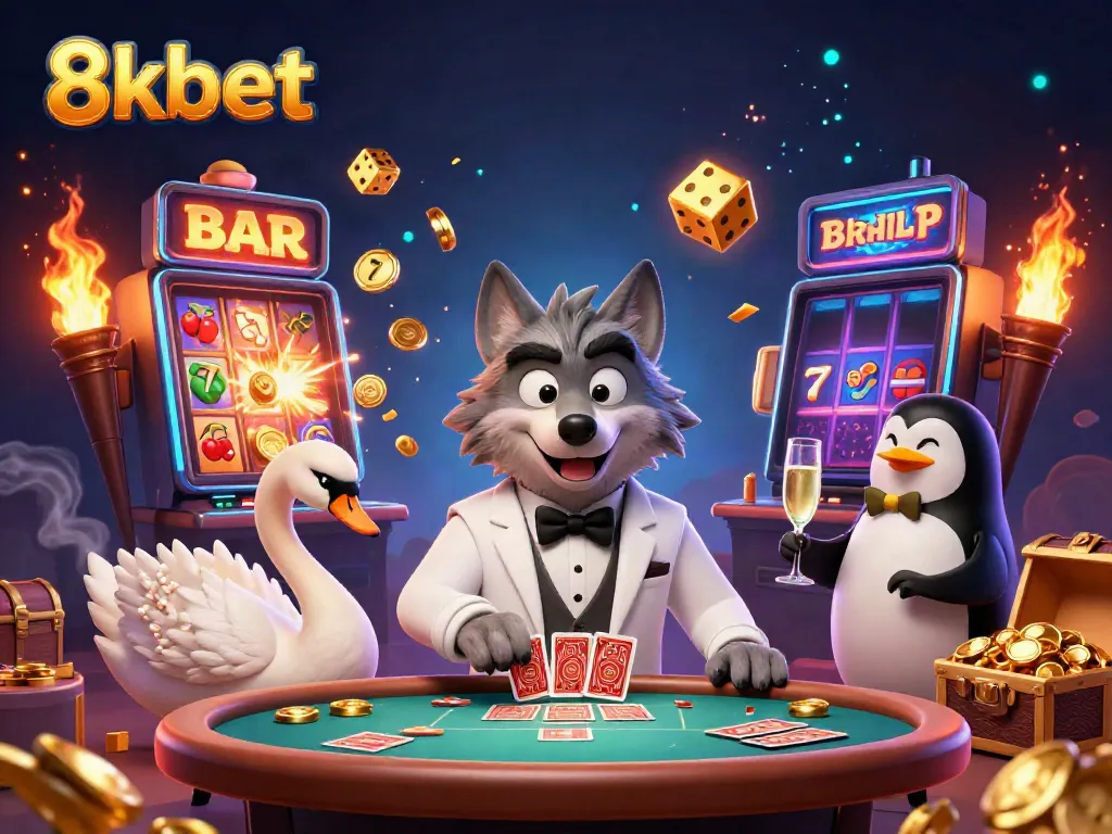 Experience vibrant gameplay at 8xbet with a debonair wolf and characters in a lively casino scene.
