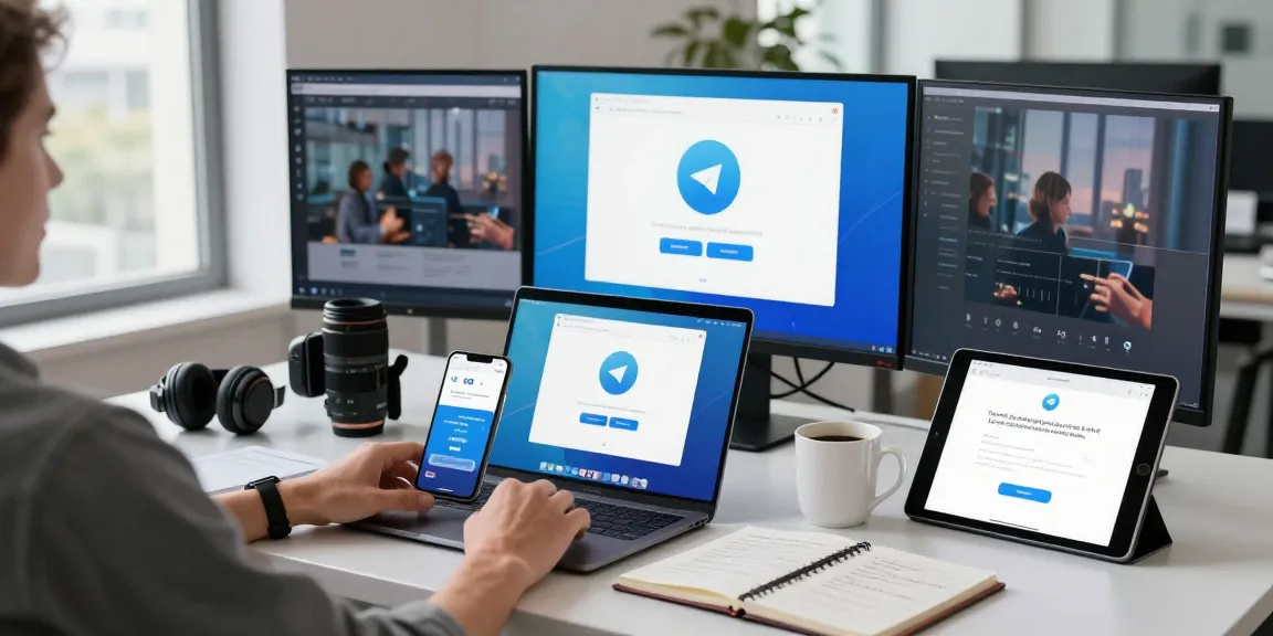 Telegram Download made easy with a user interacting with various apps in a modern tech workspace.