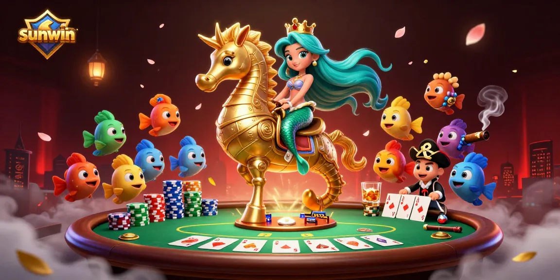 Experience sunwin's exciting gameplay in this vibrant 3D casino scene featuring colorful characters and game elements.