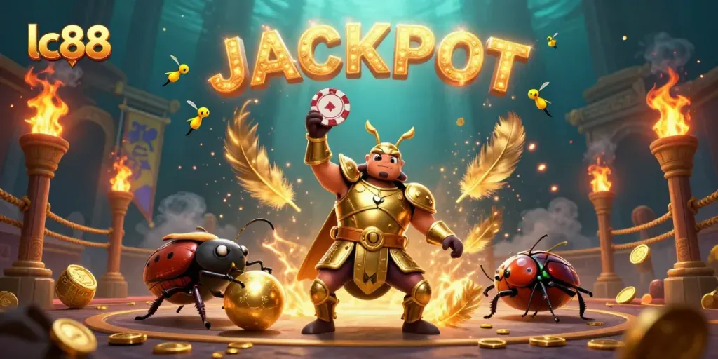 Experience excitement with lc88 as a cartoon beetle lifts a poker chip celebrating a jackpot.