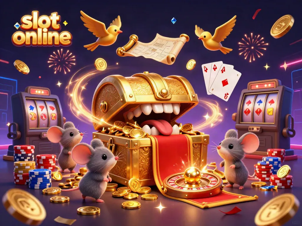 Spin to win with thrilling slot online games, featuring vibrant 3D treasure and casino elements.