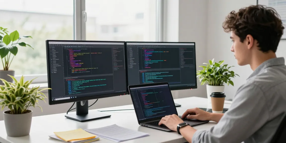 Download Telegram while coding in a bright office with dual monitors and coffee.