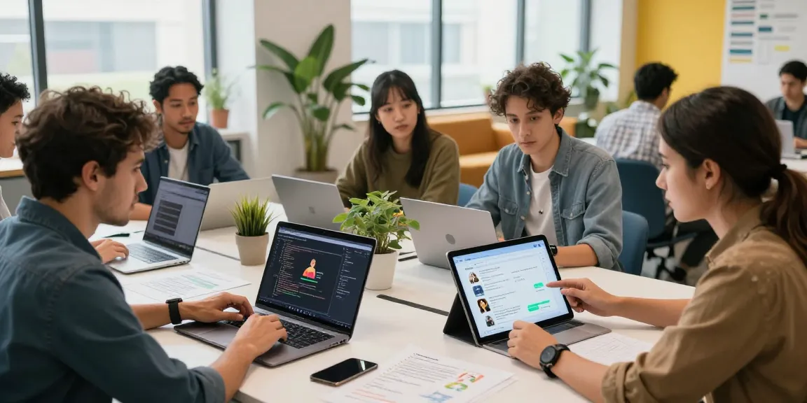Developers collaborating on CrushOn AI project in a modern workspace, showcasing coding and AI chat interfaces.